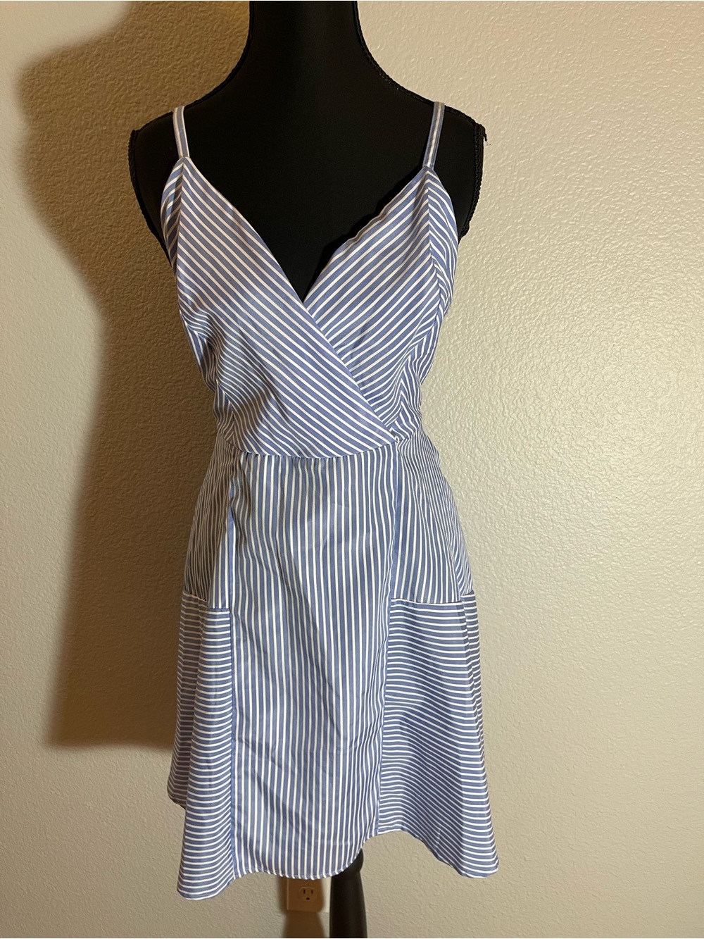 Shinestar Blue & White Striped Spaghetti Strap Wrap Mini Dress